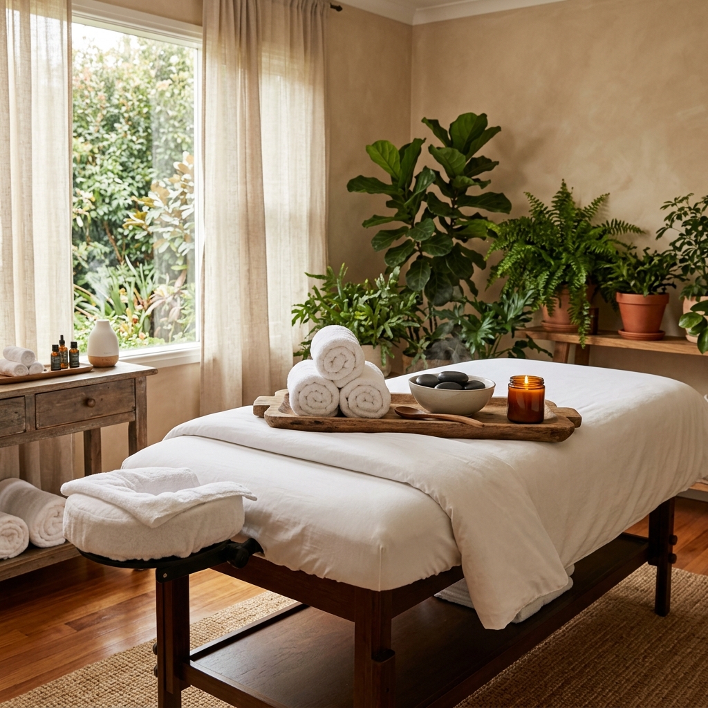Serene spa massage table setup with soft towels and essential oils in a peaceful home setting